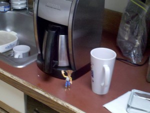 Woody getting a cup of coffee