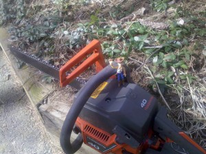 Woody is not too sure whether he wants the chain saw back in operation